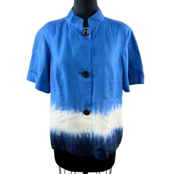 VINTAGE Lafayette 148 New York Blue White Shirt Jacket Linen Tie-Dye Size 14